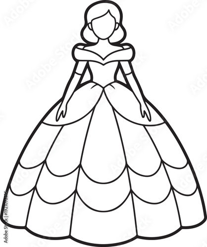 An outline illustration of a beautiful princess gown with a full layered skirt and off shoulder sleeves