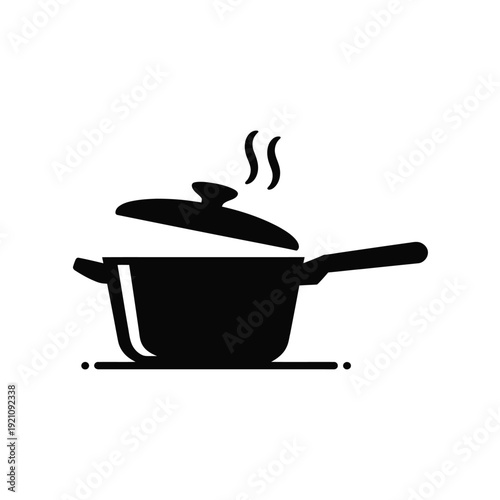 A simple black graphic of a saucepan on a stove with steam rising.