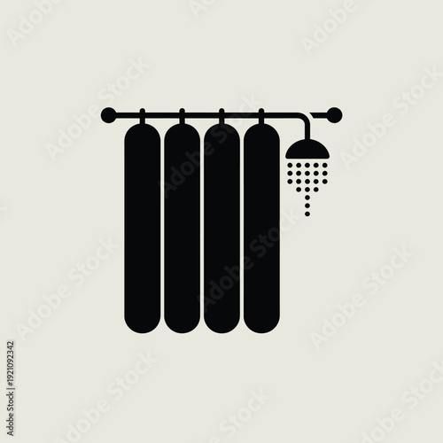 A minimalist illustration of a shower head with four towels hanging from a rod.