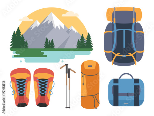 A collection of hiking gear and a scenic mountain landscape.