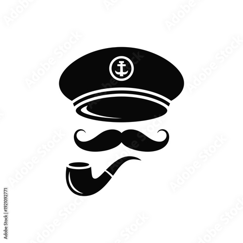A simple black and white illustration of a captain's hat, mustache, and pipe.