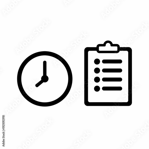 Simple vector icon pair showing a clock and a checklist, symbolizing time management, deadlines, schedules, and task prioritization.