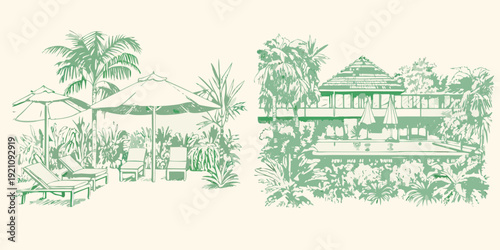 A tropical resort scene with a pool lounge chairs and thatched roofs