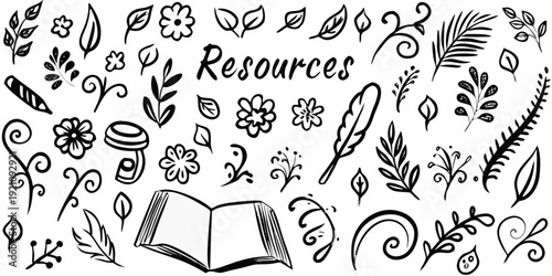 Floral and botanical sketches with an open book and handwritten text