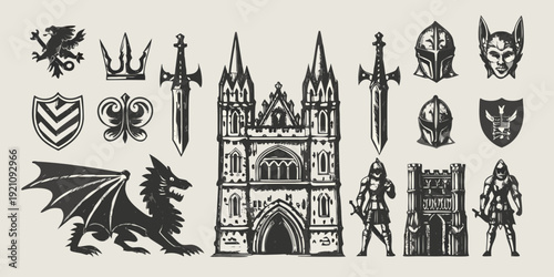 Schilderij op canvas Vintage heraldic elements including dragons knights and gothic architecture