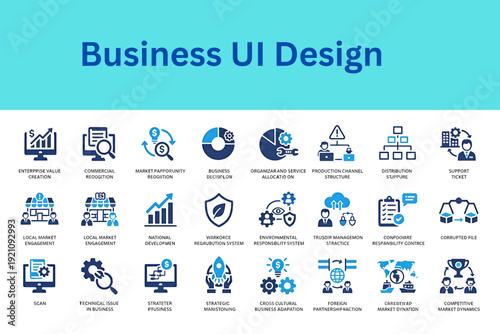 Premium business management icons for corporate identity and professional branding. Cross cultural adaptation, foreign partnership, market dynamics, audit
