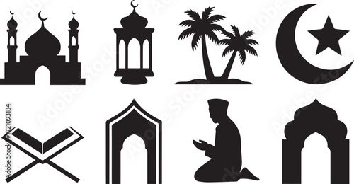 Set of eight black silhouette icons including mosque lantern palm trees crescent moon Quran prayer and Islamic architecture