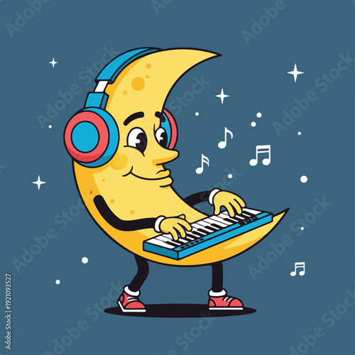 A smiling crescent moon wearing headphones plays a keyboard amidst stars and notes