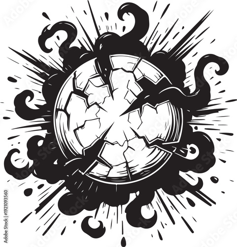 Fractured globe surrounded by explosive energy and dark clouds Vector