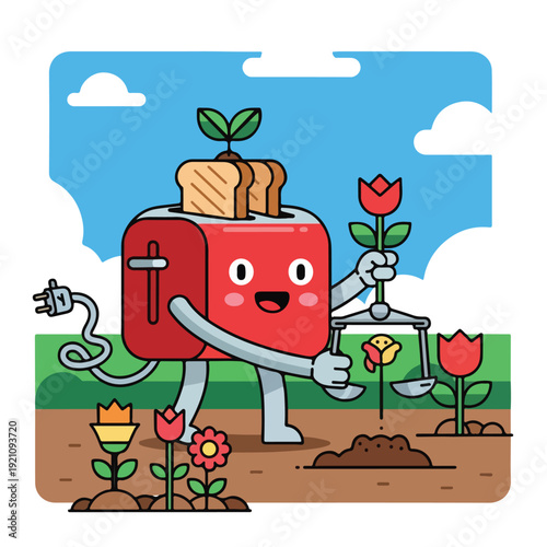 A smiling red appliance plants flowers, bread sprouts from it