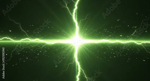 green lightning forming an electric cross and radiating vibrant energy particles in a dark digital space symbolizing power and technology.