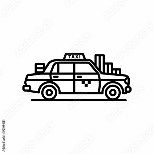 Line drawing of a classic yellow taxi cab against stylized city skyscrapers, representing urban transport and city life.