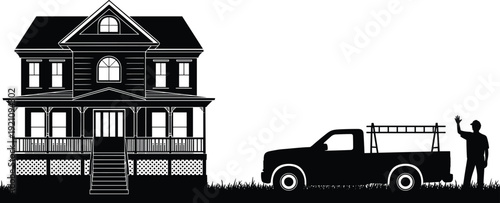 Suburban house with pickup truck and worker silhouette, home improvement and construction service concept illustration isolated on white