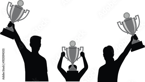 Silhouette of winners holding trophy cups, championship victory celebration concept isolated on white background, success and achievement theme