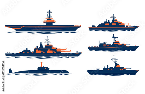 Collection of various naval military ships and submarine