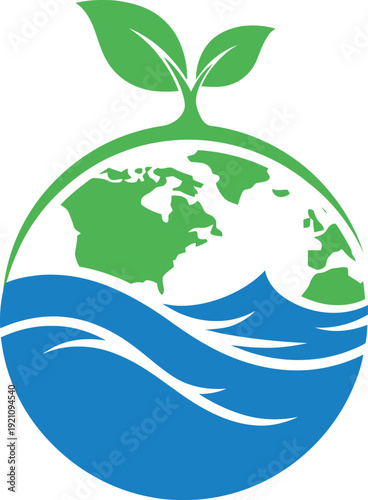 Save the Planet Symbol: Sprouting Leaves and Ocean Waves Globe
