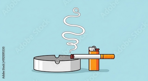 Smoking cigarette with ashtray and lighter.