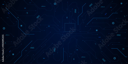 Glowing light blue neon AI chip with thin circuit contact lines. Technology lines circuit and dots on blue background, circuit board network connection.