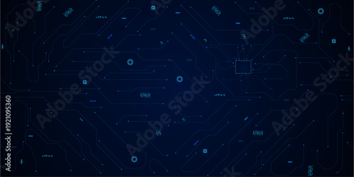 Glowing light blue neon AI chip with thin circuit contact lines. Technology lines circuit and dots on blue background, circuit board network connection. 