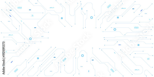  Technology connected blue lines with electronics elements on tech bg. Vector futuristic blue wires on a circuit board on a soft technological background.