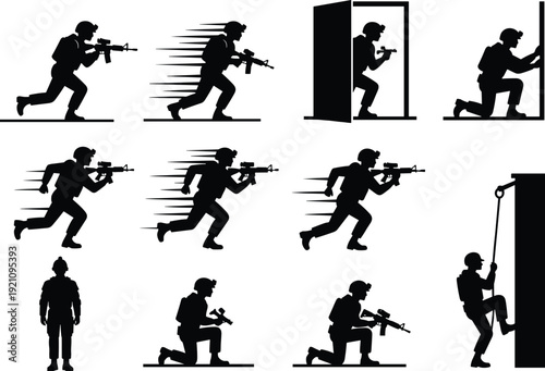 Military soldier silhouettes collection, tactical combat poses, armed forces action vector set, isolated army illustration design bundle