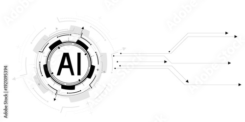 Concept of artificial intelligence. AI logo on a futuristic circuit motherboard background. Technology connected blue lines with electronics elements on tech bg