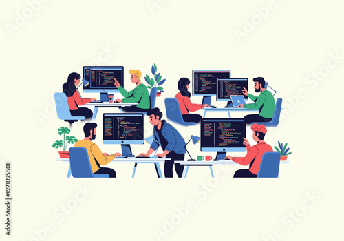 Ilustration Flat Design Concept Diverse group of people collaborating on computer programming tasks.