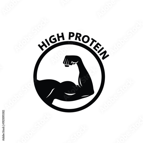 Vector illustration icon black and white logo of a muscular arm flexing with high protein text