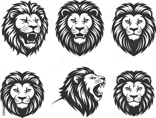 Black vector silhouette set of powerful lion head mascots featuring roaring and stoic expressions for sports team branding wildlife conservation and majestic animal logo design