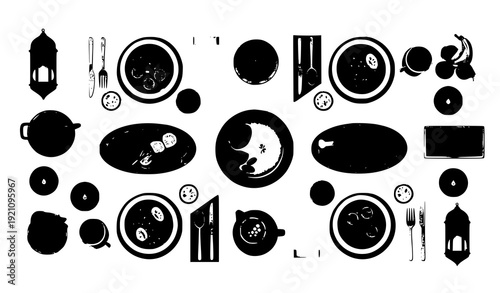 Flat Vector Illustration of Nighttime Ramadan Iftar Table with Traditional Foods, Drinks, and Lanterns