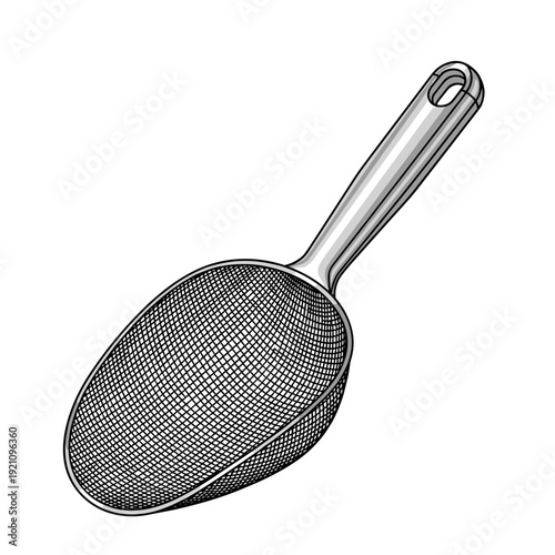 Detailed illustration of a mesh scoop with a sturdy handle, isolated on a clean white background, showcasing intricate metalwork and design