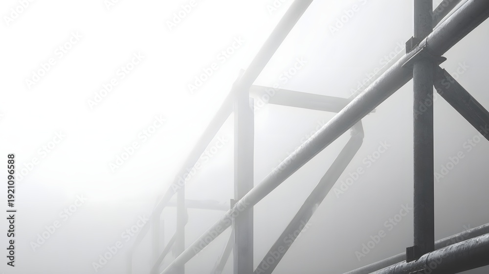 Fototapeta premium A close up view of industrial scaffolding pipes disappearing into thick white fog