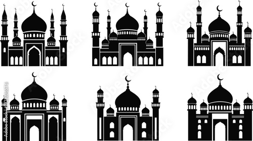 Mosque silhouette vector set, Islamic masjid icon collection, Ramadan mosque illustration, Muslim architecture landmark, black mosque clipart design pack