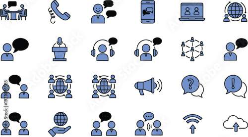 Business Communication and Social Networking Vector Icon Set Featuring Speech Bubbles Global Connectivity Video Conferencing Call Center Support and Team Collaboration Symbols for Digital Marketing