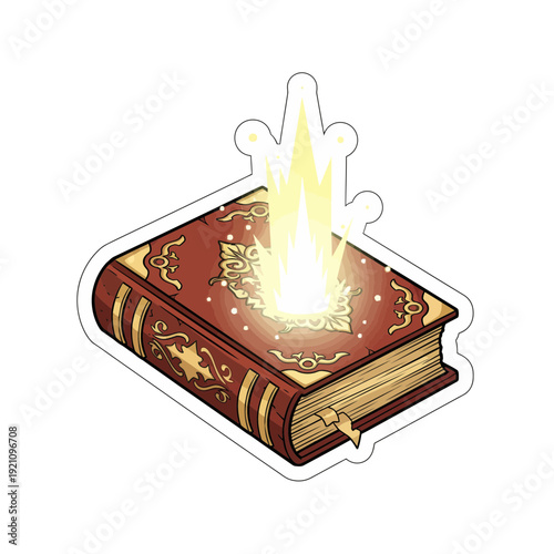 Mystical Spell Book Emitting Glowing Light Sticker | Magic Spellbook with Glowing Aura Enchanted Sticker Design | Ancient Spell Book Glowing Light Witchcraft Sticker | Fantasy Magical Spell Book
