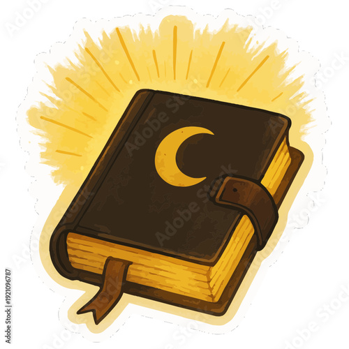 Mystical Spell Book Emitting Glowing Light Sticker | Magic Spellbook with Glowing Aura Enchanted Sticker Design | Ancient Spell Book Glowing Light Witchcraft Sticker | Fantasy Magical Spell Book