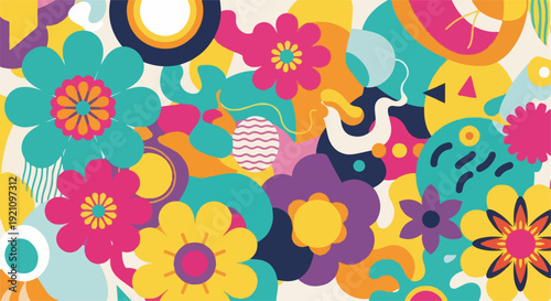 A vibrant abstract floral design using overlapping shapes and bold colors