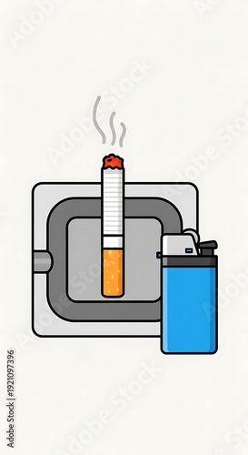Cigarette in ashtray with lighter beside.