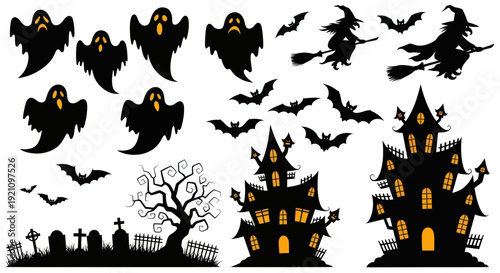 Halloween Silhouettes: Ghosts, Witches, Haunted Houses, Bats, Cemetery
