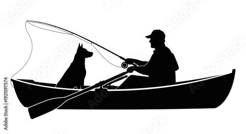 Silhouette of man and dog fishing from a rowboat, fly fishing rod casting