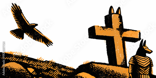 An ancient egyptian scene depicting a bird obelisk and jackal statue