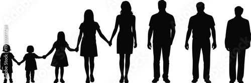 Black Vector Silhouettes Representing the Stages of Human Life From Childhood to Adulthood and Senior Age Showing Family Growth and Generations Standing in a Row