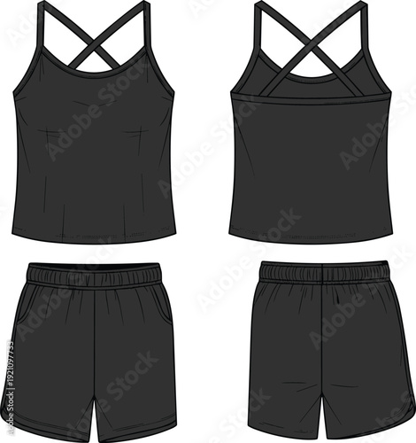 Black vector technical sketch of a women's athletic tank top with crisscross straps and matching gym shorts for fitness fashion and activewear branding