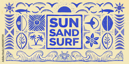 Blue and yellow stylized illustration featuring sun sand surf and organic forms