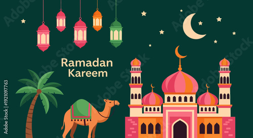 Vibrant mosque and camel under lanterns