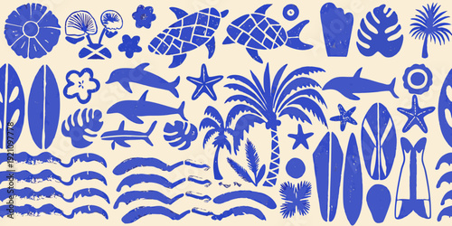 Blue and white repeating pattern of marine life and tropical elements