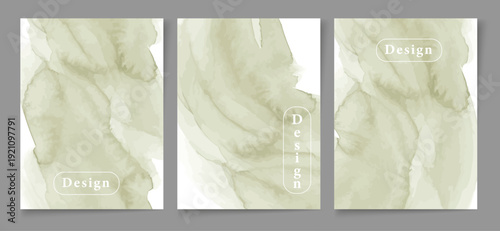 A sophisticated collection of three vector graphic designs featuring soft, flowing watercolor abstract textures in muted sage green tones.