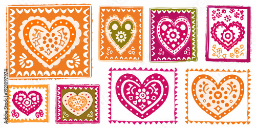 Colorful hand drawn heart designs arranged in a decorative pattern