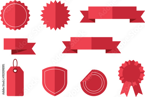Red sale badge ribbon shield and price tag vector set for branding promotion product packaging and marketing design
