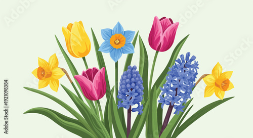 A vibrant, colorful collection of various spring flowers